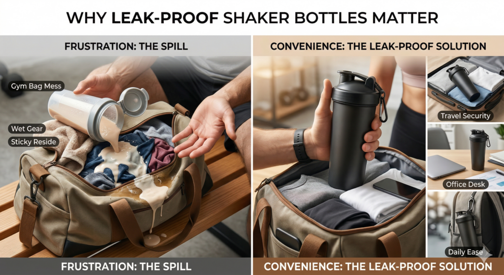 Comparison image showing leaking shaker bottle spilling in gym bag versus secure leak-proof shaker bottle for travel office and daily use