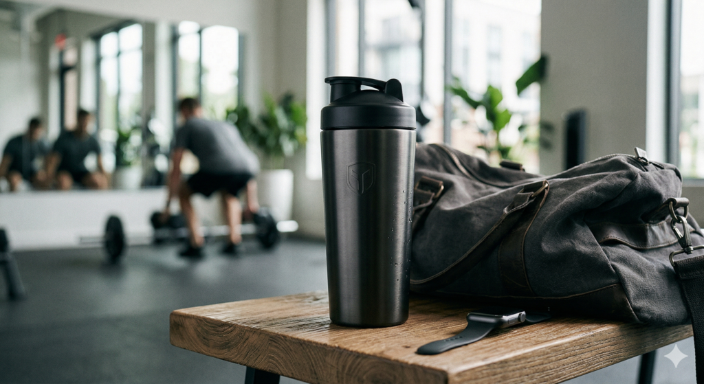 Stainless steel shaker bottle on gym bench beside sports bag with athlete training in background showcasing premium fitness drinkware
